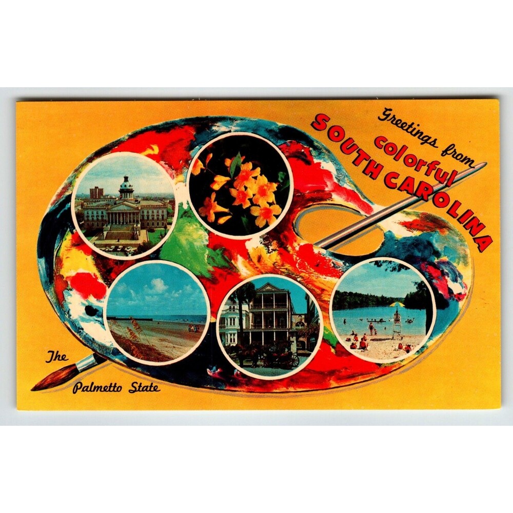 Postcard Greetings From South Carolina Chrome Paint Pallet Paintbrush Colorful